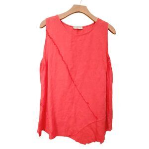 SAGA Linen Tank Top Womens Small Coral Pink Asymmetrical Raw Hem Boho Italy